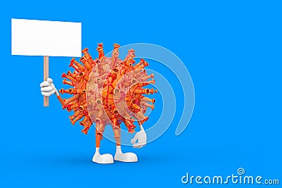 Cartoon Coronavirus COVID-19 Mascot Person Character with Empty White Blank Banner with Free Space for Your Design. 3d Rendering Stock Photo