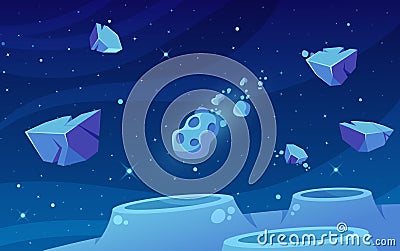 Cartoon Cosmic Background With Meteorites Rain Down Upon A Desolate Planet Surface, Sculpting A Beautiful Landscape Vector Illustration