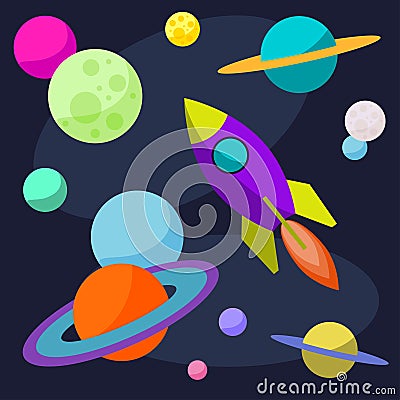 Cartoon cosmic illustration with rocket and funny bright planets in open space for use in design Vector Illustration