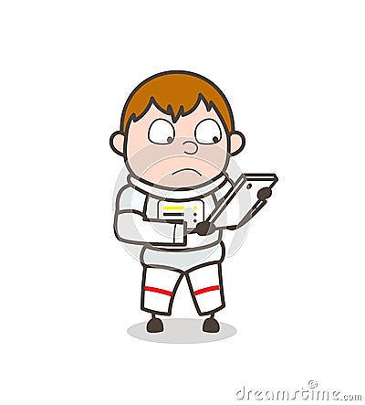 Cartoon Cosmonaut Reading Messages in Smartphone Vector Illustration Stock Photo