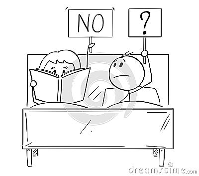 Cartoon of Couple in Bed, Man Wants Sexual Intercourse, Woman is Reading a Book and Rejecting Vector Illustration