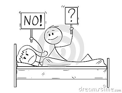 Cartoon of Couple in Bed, Man Wants Sexual Intercourse, Woman is Rejecting Vector Illustration