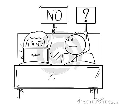 Cartoon of Couple in Bed, Man Wants Sexual Intercourse, Woman is Working on Computer and Rejecting Vector Illustration