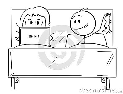 Cartoon of Couple in Bed, Man Wants Sexual Intercourse, Woman is Working on Computer and Rejecting Vector Illustration