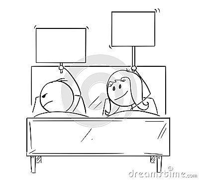 Cartoon of Couple in Bed, Woman Offering Something, Man is Rejecting and Sleeping Vector Illustration