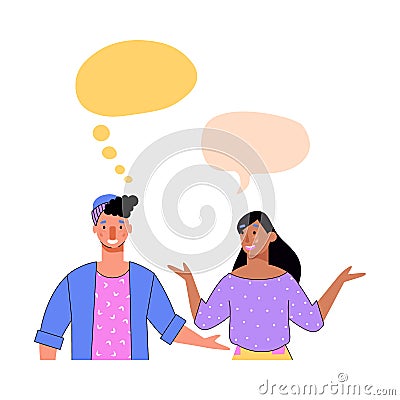 Cartoon couple communication template - woman speaking and man thinking Vector Illustration