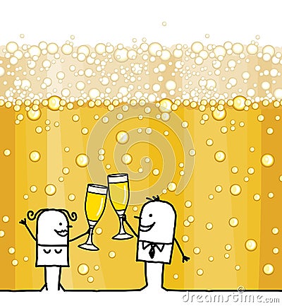 Cartoon Couple Drinking Champagne and Bubbles Background Vector Illustration