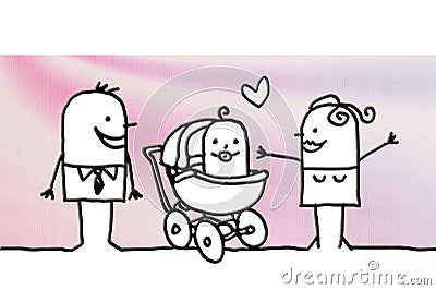 Cartoon couple with ew born baby Cartoon Illustration