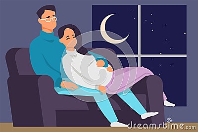 Cartoon couple. Family lying together on sofa. Young man and pregnant woman relaxing on couch. Cozy home. Starry sky and Vector Illustration