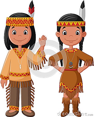 Cartoon couple native Indian American with traditional costume Vector Illustration