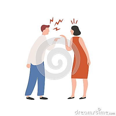 Cartoon couple scream each other having conflict vector flat illustration. Quarrel of annoyed colorful man and woman Vector Illustration