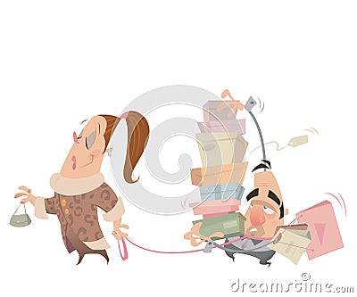 Cartoon couple shopping woman having husband with lash carrying Vector Illustration