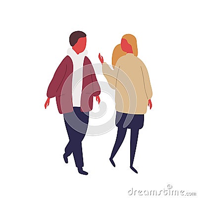 Cartoon couple walking and talking each other vector flat illustration. Colorful man and woman communicating during date Vector Illustration