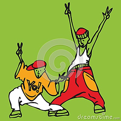 Cartoon couple of young rappers in rapper clothes dancing Vector Illustration