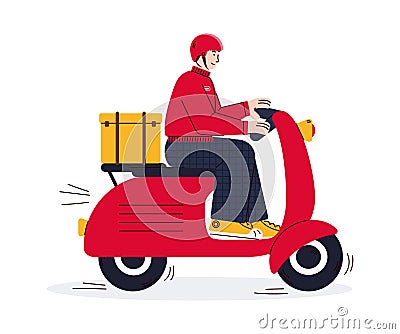 Cartoon courier riding red delivery scooter - vector illustration Vector Illustration