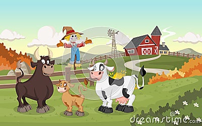 Cartoon cow, calf and bull. Vector Illustration