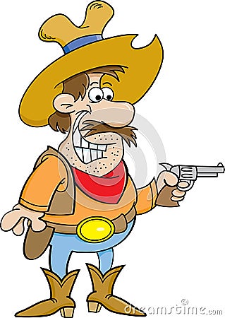 Cartoon cowboy holding a pistol. Vector Illustration