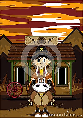 Cartoon Cowboy on Horse at Jail Vector Illustration