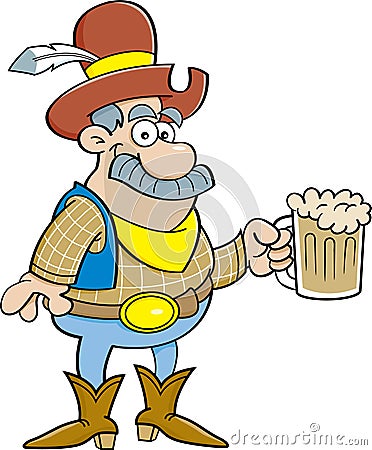 Cartoon cowboy with a large mustache holding a mug of beer. Vector Illustration