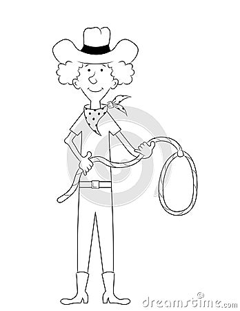 Cartoon cowboy with lasso, outline drawing Cartoon Illustration