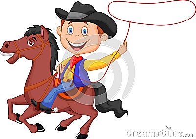 Cartoon Cowboy rider on the horse throwing lasso Vector Illustration