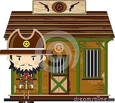 Cartoon Cowboy Sheriff at Jailhouse Vector Illustration