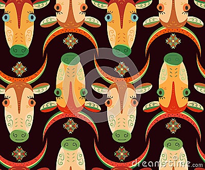 Cartoon cows with big eyes and watermelon peel on the head. Seamless pattern with cows. Children`s room, office supplies, fabric, Vector Illustration