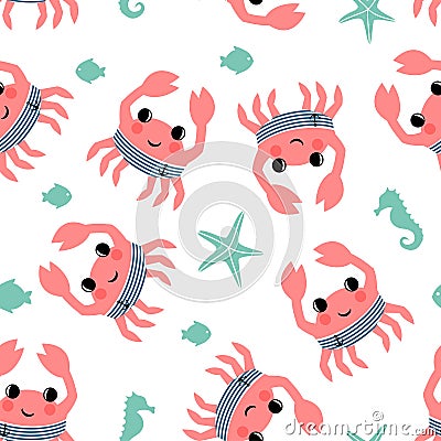 Cartoon crab with fish, seahorse and starfish seamless pattern. Vector Illustration