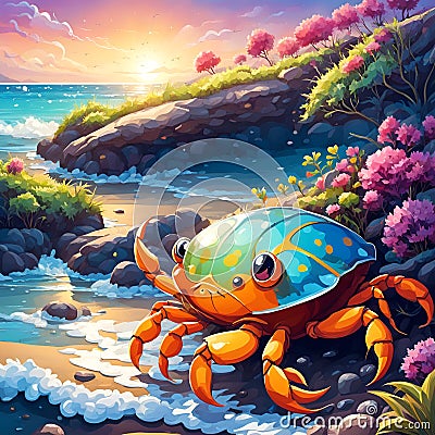 cartoon crab on the sandy beach at sunset Cartoon Illustration