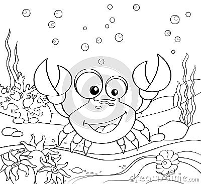 Cartoon crab. Underwater world. Black and white vector illustration for coloring book Vector Illustration