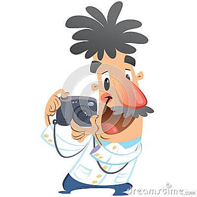 Cartoon crazy photographer character click on dslr camera taking Vector Illustration