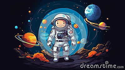 Cartoon Creative Mascot Astronaut . Star and planets on galaxy background. Astronaut in space. Generate AI Stock Photo