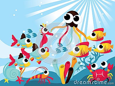 Cartoon Creatures Under The Sea Vector Illustration