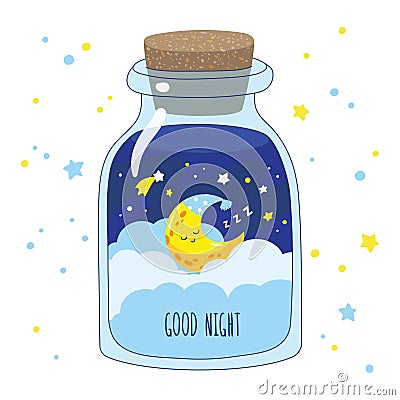 Cartoon crescent with clouds and stars in a magic glass jar. Vector Illustration