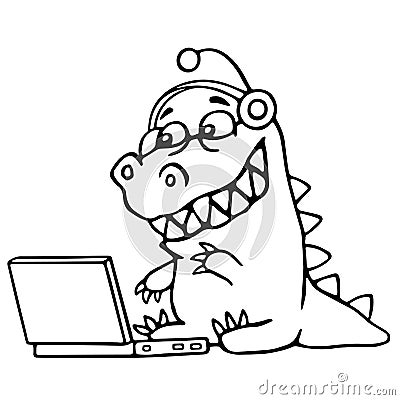 Cartoon croc played on laptop. Vector illustration. Vector Illustration