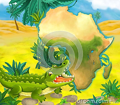 Cartoon crocodile with continent map Cartoon Illustration