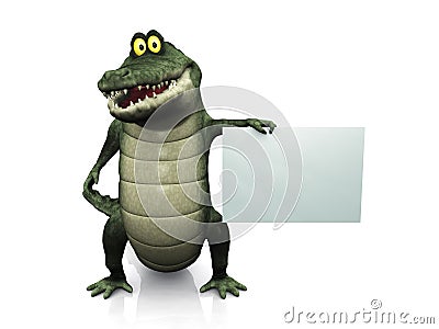 Cartoon crocodile holding blank sign. Stock Photo