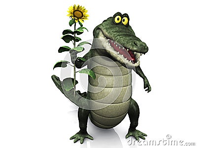 Cartoon crocodile holding sunflower. Stock Photo