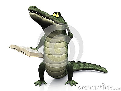 Cartoon crocodile reading book scratching his head Stock Photo