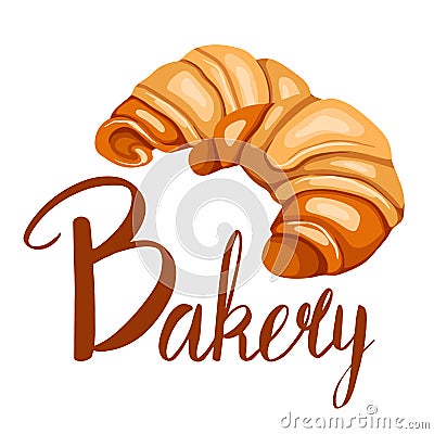 Cartoon croissant illustration with Bakery lettering. Bagel with inscription. French pastries. Baking shop. Vector flat picture Vector Illustration