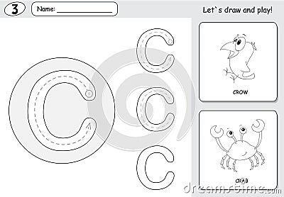Cartoon crow and crab. Alphabet tracing worksheet: writing A-Z a Vector Illustration