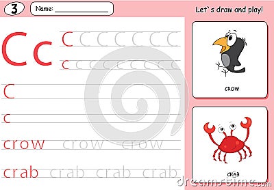 Cartoon crow and crab. Alphabet tracing worksheet: writing A-Z Vector Illustration