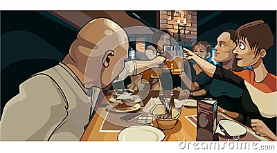 Cartoon crowd of people clink mugs to the feast Vector Illustration