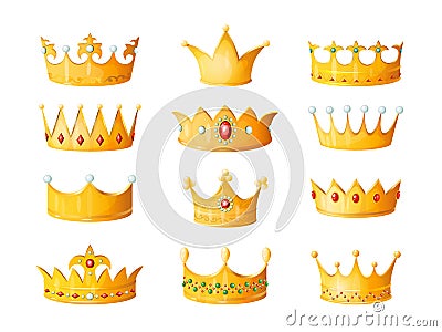 Cartoon crown. Golden emperor prince queen royal crowns diamond coronation gold antique tiara crowning imperial corona Vector Illustration