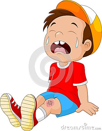 Cartoon crying boy with wounded leg Vector Illustration