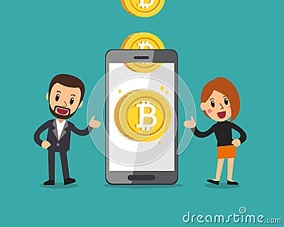 Cartoon cryptocurrency concept smartphone help business people to earn money Vector Illustration
