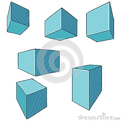 Cartoon Cubes and Parallelepipeds. Vector Set of Turquoise Perspective Drawing of Geometric Shapes Vector Illustration