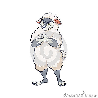Cartoon cunning wolf wearing sheep clothing vector graphic illustration Vector Illustration