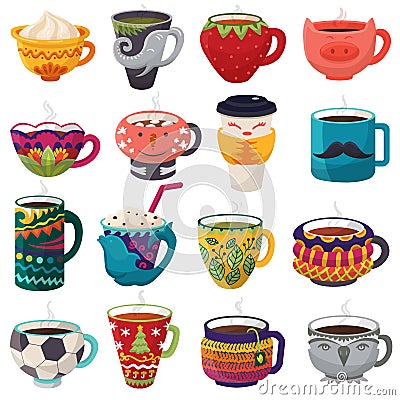Cartoon cup vector kids creative mugs coffee or tea cupful on breakfast various shapes of coffeecup illustration set of Vector Illustration