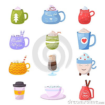 Cartoon cup vector kids mugs hot coffee or tea cupful on breakfast and various shapes of coffeecup illustration set of Vector Illustration